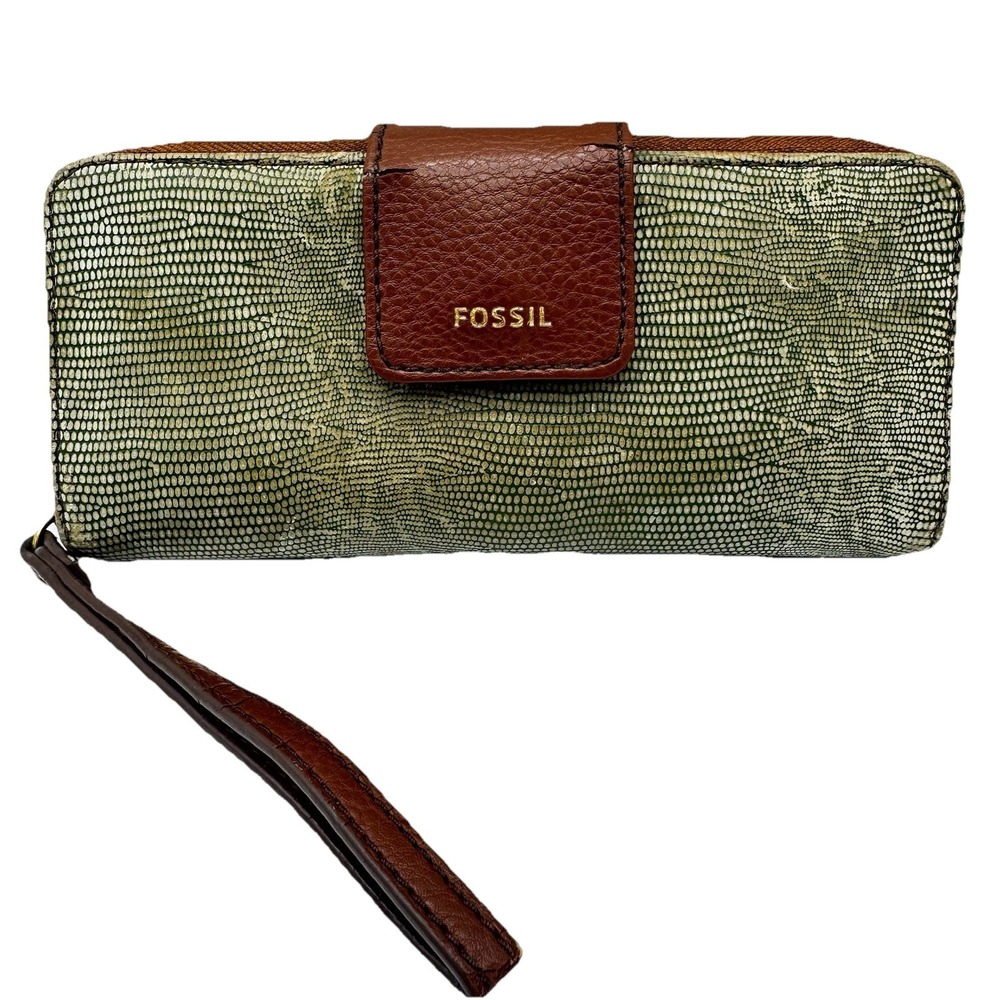 Vintage Fossil Womens Wallet Green Leather Snakeskin Clutch Organizer Boho Y2K